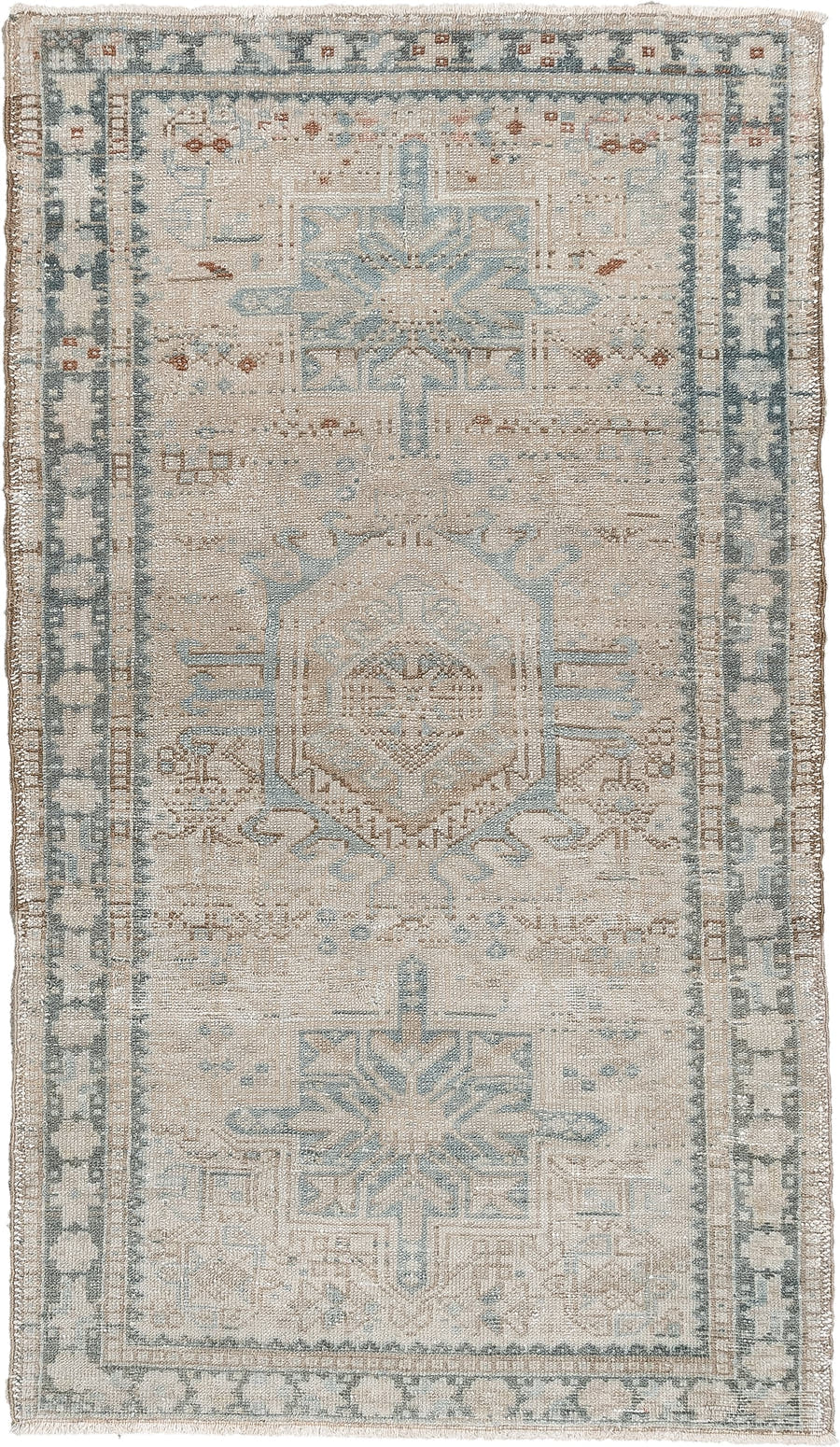 2' x 4' one-of-a-kind handmade antique Karaje small size rug. Color palette: ivory, pale blue, blue gray, taupe, rust, beige
