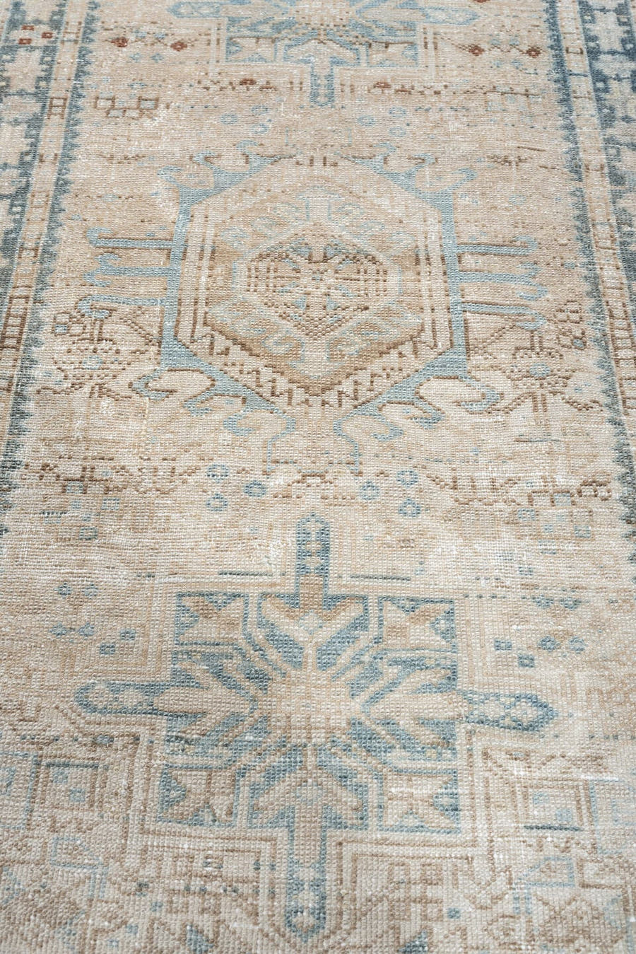 2' x 4' one-of-a-kind handmade antique Karaje small size rug. Color palette: ivory, pale blue, blue gray, taupe, rust, beige