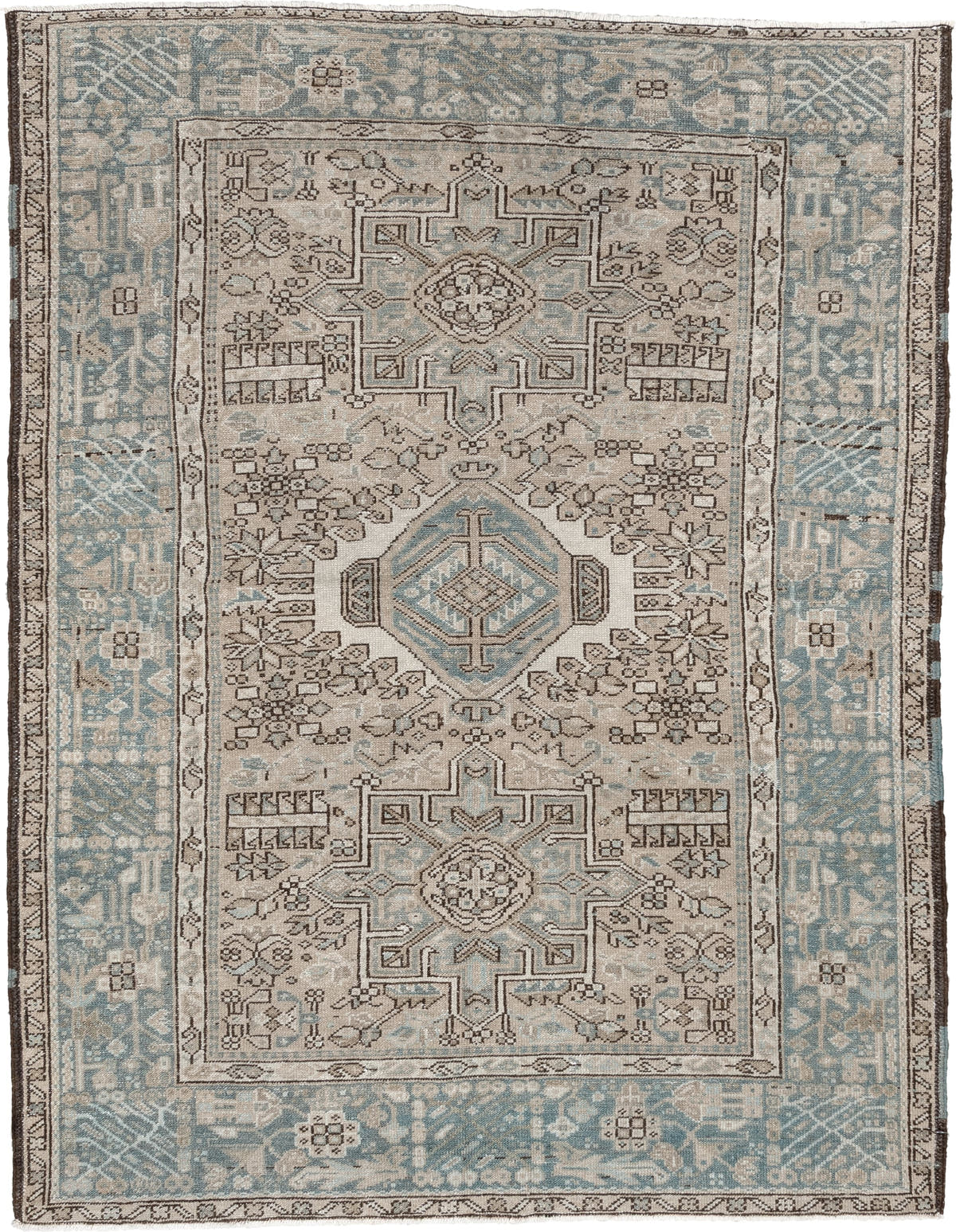 4' x 6' one-of-a-kind handmade antique Karaje rug. Color palette: ivory, powder blue, taupe, charcoal, brown, slate, cream