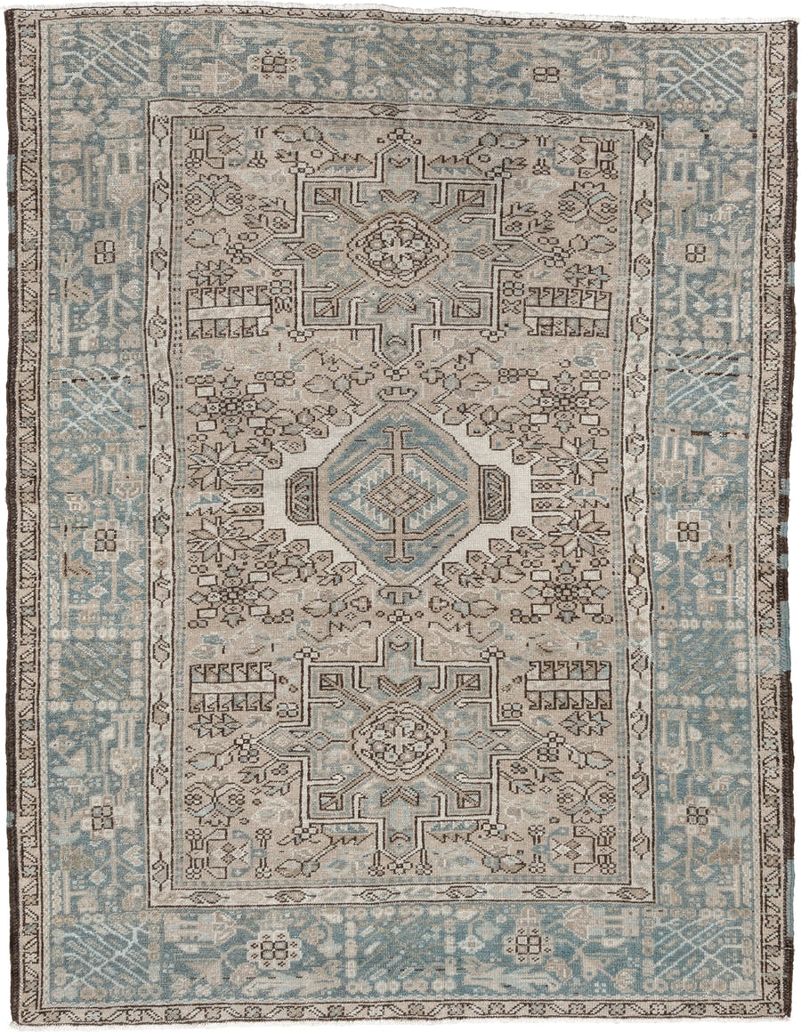 4' x 6' one-of-a-kind handmade antique Karaje rug. Color palette: ivory, powder blue, taupe, charcoal, brown, slate, cream