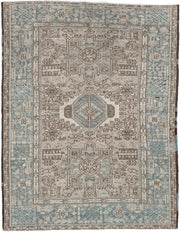 4' x 6' one-of-a-kind handmade antique Karaje rug. Color palette: ivory, powder blue, taupe, charcoal, brown, slate, cream