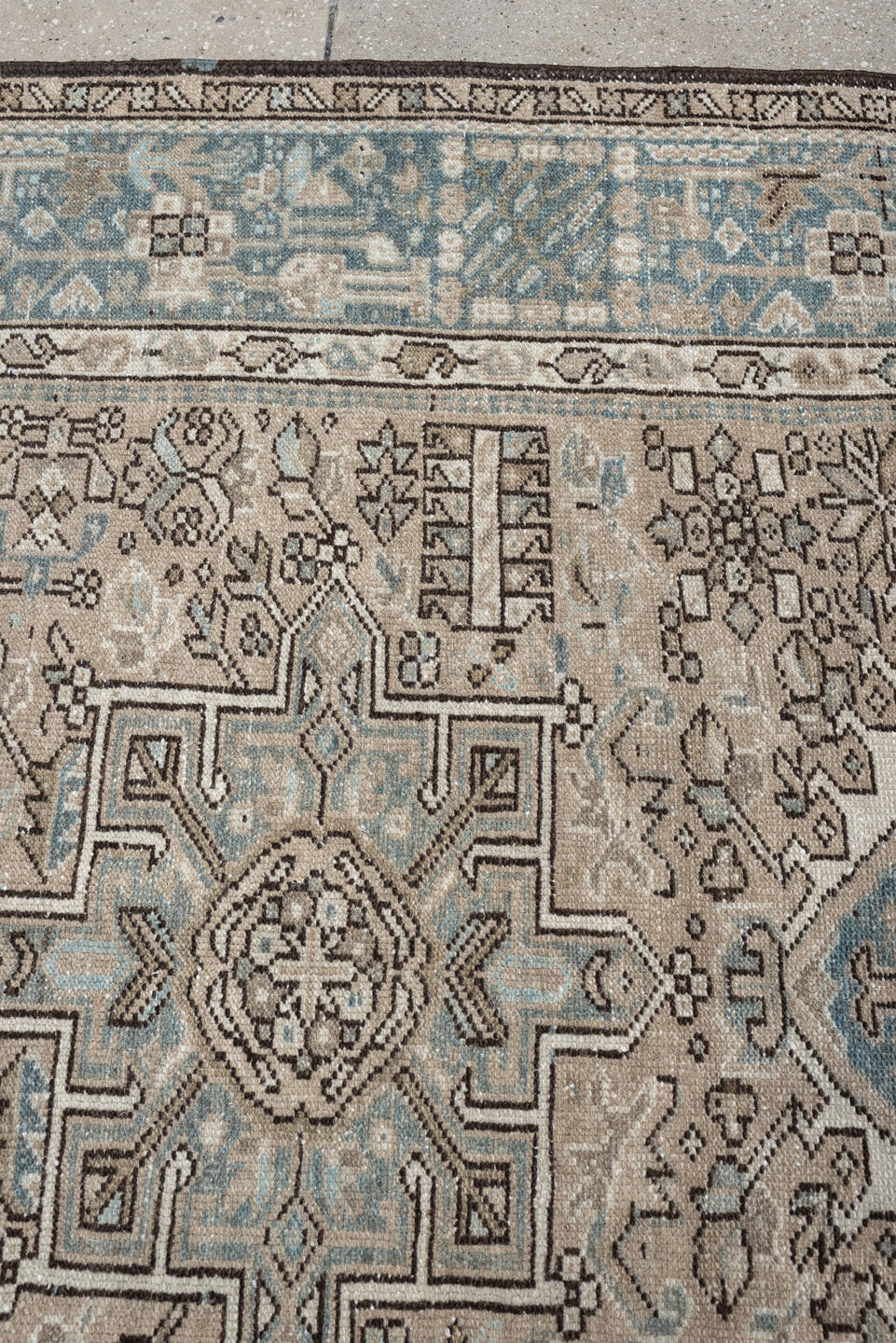 4' x 6' one-of-a-kind handmade antique Karaje rug. Color palette: ivory, powder blue, taupe, charcoal, brown, slate, cream