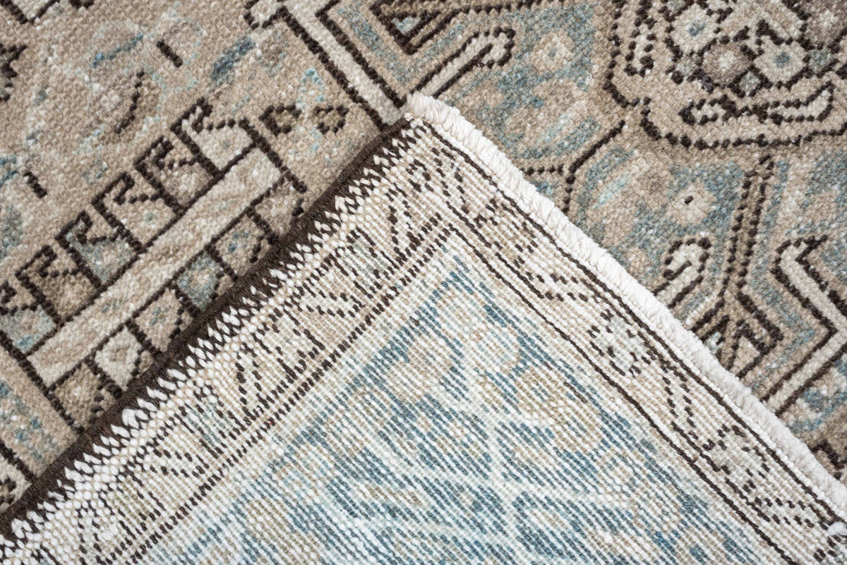 4' x 6' one-of-a-kind handmade antique Karaje rug. Color palette: ivory, powder blue, taupe, charcoal, brown, slate, cream
