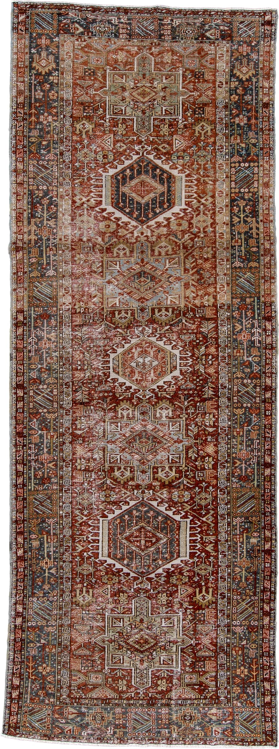 4' x 13' one-of-a-kind handmade antique Karaje runner rug. Color palette: rust, indigo, ivory, terracotta, charcoal, sienna