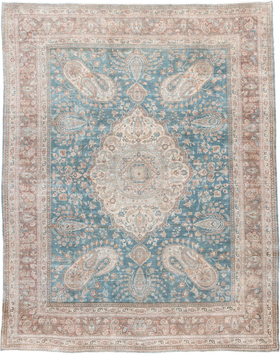 7' x 12' one-of-a-kind handmade antique Meshed large size rug. Color palette: turquoise, ivory, dusty rose, terracotta