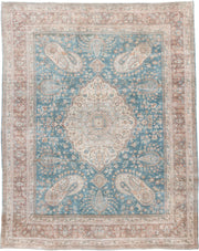 7' x 12' one-of-a-kind handmade antique Meshed large size rug. Color palette: turquoise, ivory, dusty rose, terracotta