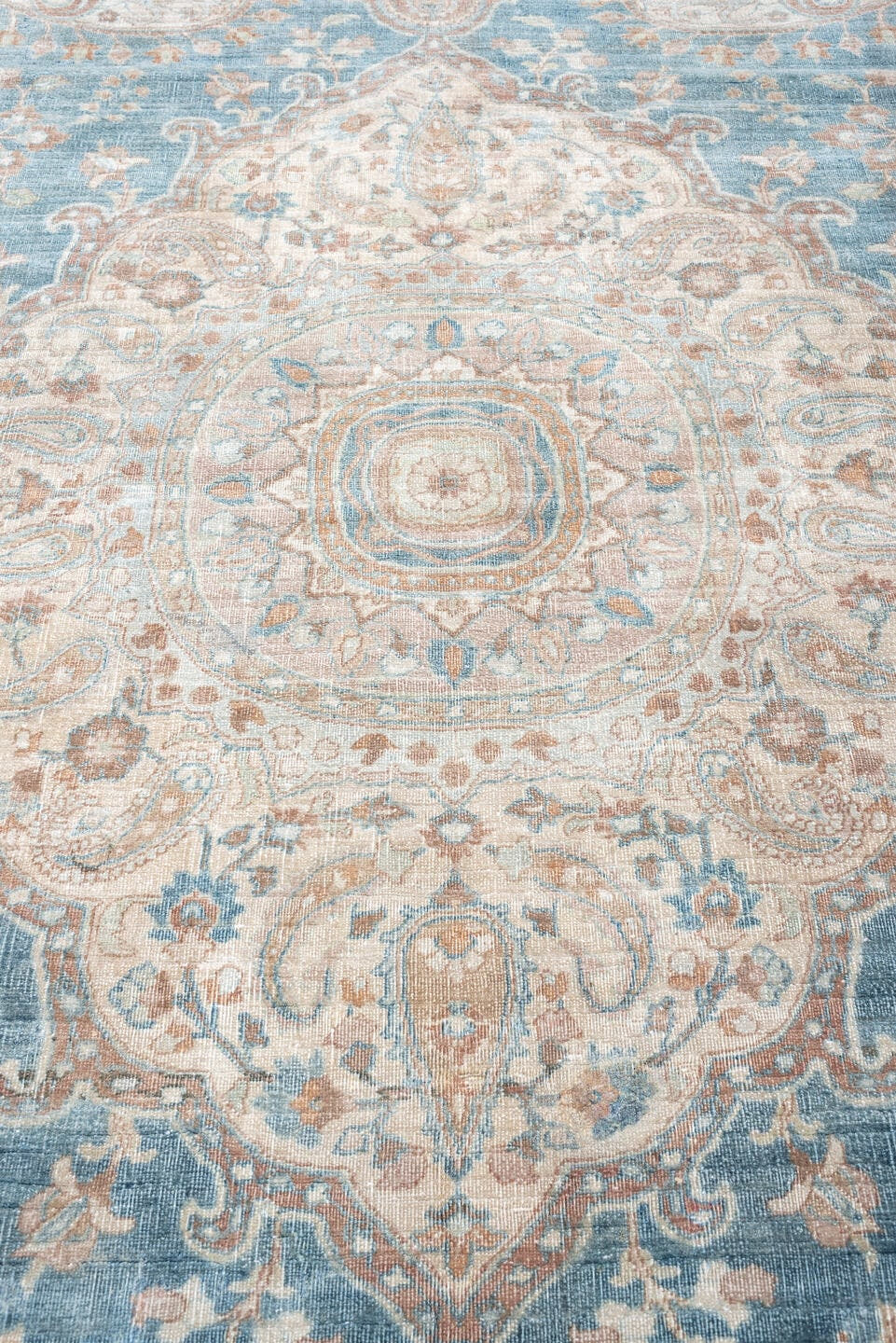 7' x 12' one-of-a-kind handmade antique Meshed large size rug. Color palette: turquoise, ivory, dusty rose, terracotta