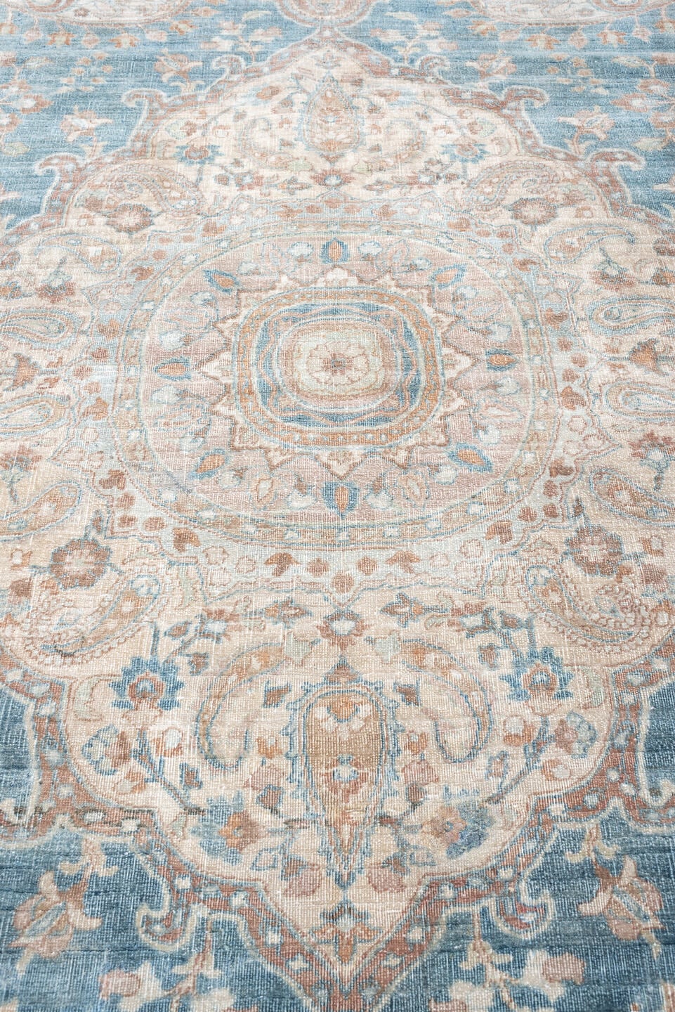 7' x 12' one-of-a-kind handmade antique Meshed large size rug. Color palette: turquoise, ivory, dusty rose, terracotta