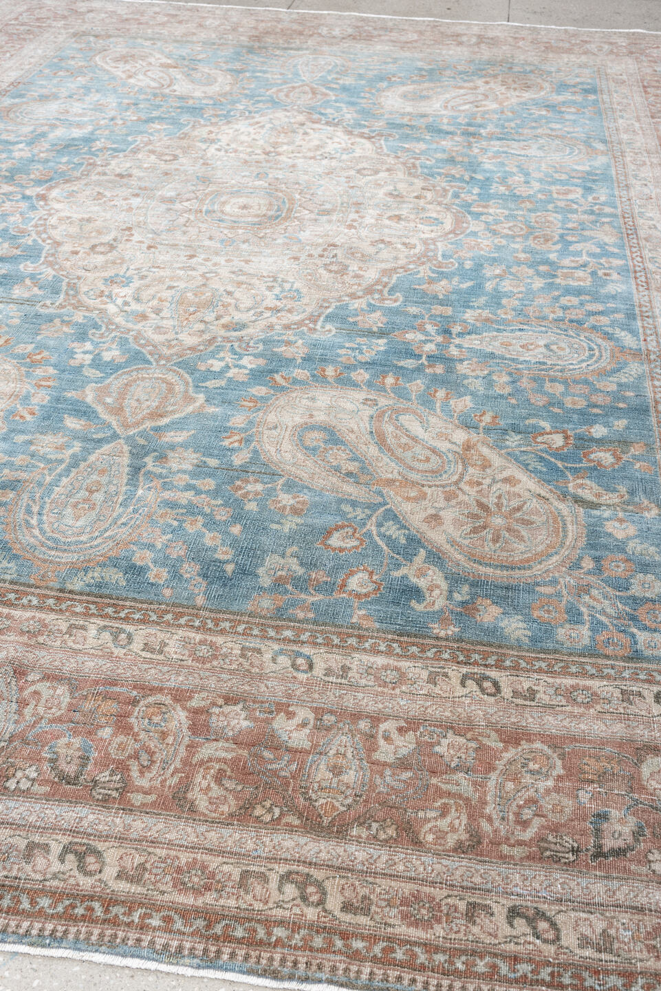 7' x 12' one-of-a-kind handmade antique Meshed large size rug. Color palette: turquoise, ivory, dusty rose, terracotta