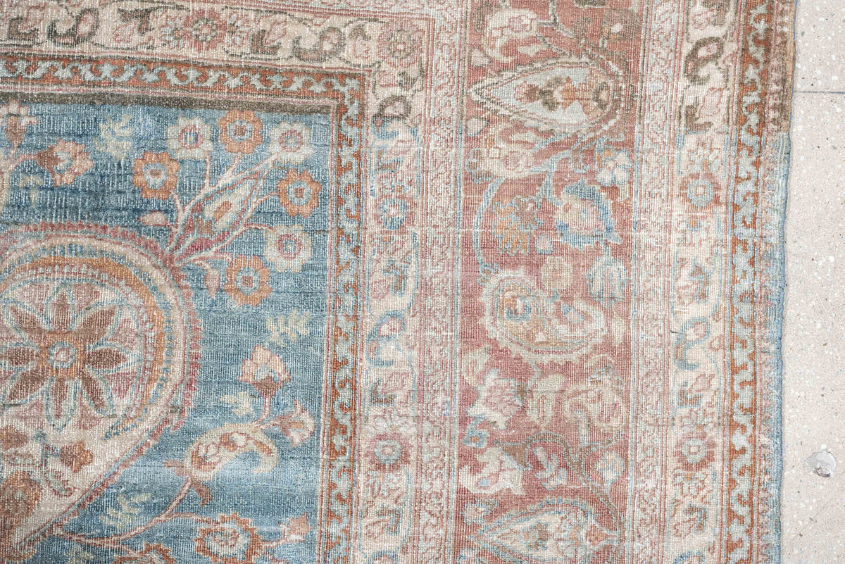 7' x 12' one-of-a-kind handmade antique Meshed large size rug. Color palette: turquoise, ivory, dusty rose, terracotta