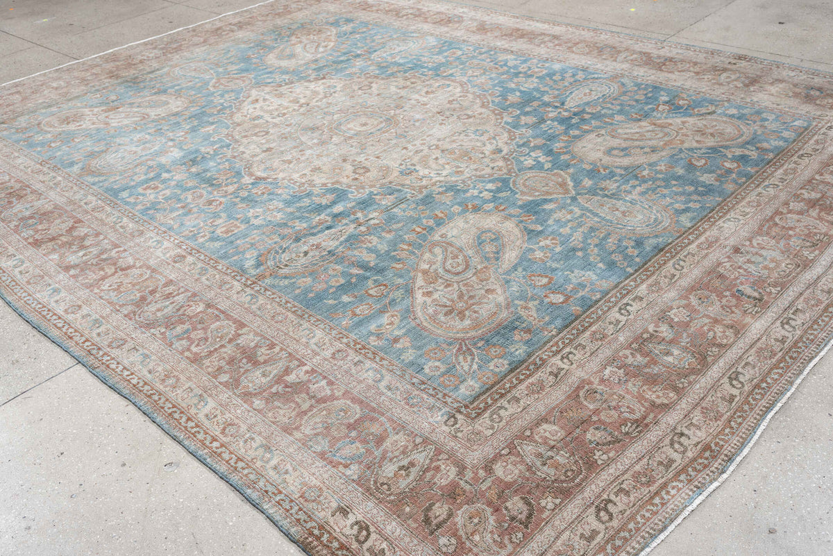 7' x 12' one-of-a-kind handmade antique Meshed large size rug. Color palette: turquoise, ivory, dusty rose, terracotta