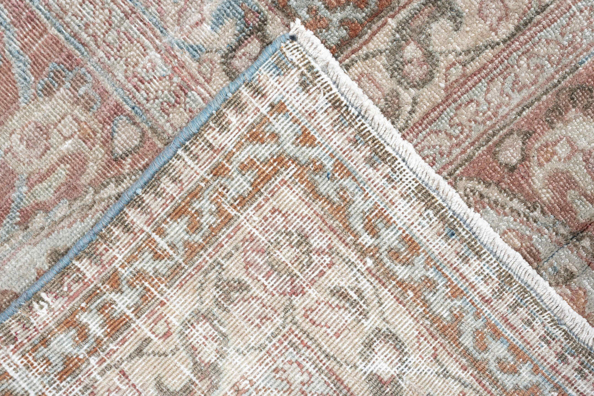 7' x 12' one-of-a-kind handmade antique Meshed large size rug. Color palette: turquoise, ivory, dusty rose, terracotta