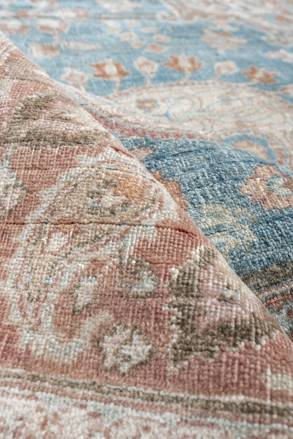 7' x 12' one-of-a-kind handmade antique Meshed large size rug. Color palette: turquoise, ivory, dusty rose, terracotta