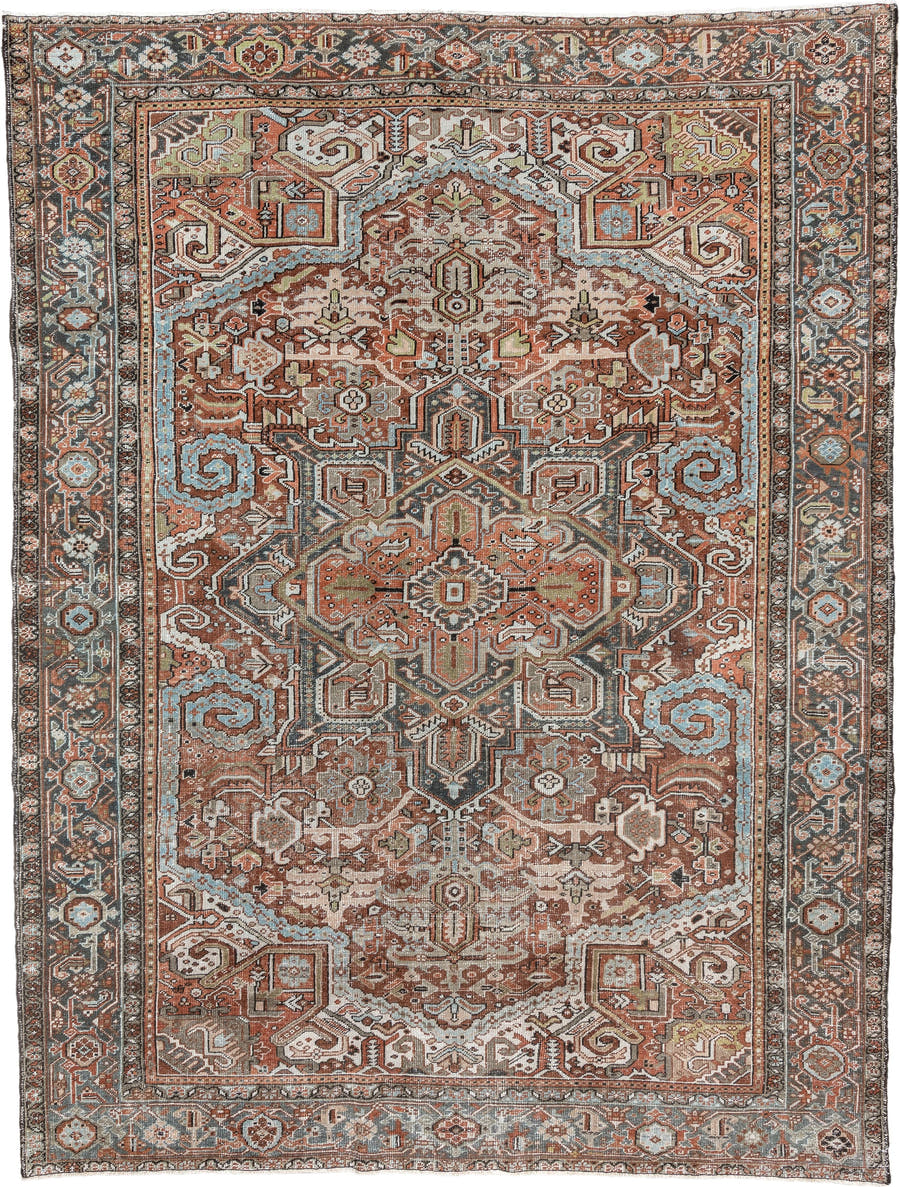 8' x 11' one-of-a-kind handmade antique Heriz large size rug. Color palette: terracotta, blue gray, ivory, charcoal, rust