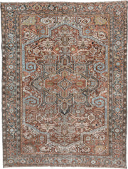 8' x 11' one-of-a-kind handmade antique Heriz large size rug. Color palette: terracotta, blue gray, ivory, charcoal, rust