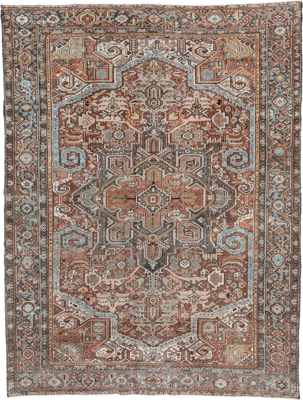 8' x 11' one-of-a-kind handmade antique Heriz large size rug. Color palette: terracotta, blue gray, ivory, charcoal, rust