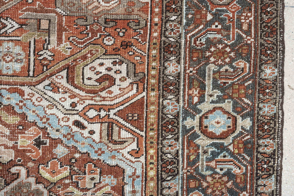 8' x 11' one-of-a-kind handmade antique Heriz large size rug. Color palette: terracotta, blue gray, ivory, charcoal, rust