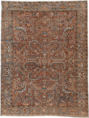 8' x 11' one-of-a-kind handmade antique Heriz large size rug. Color palette: rust, slate blue, ivory, camel, charcoal