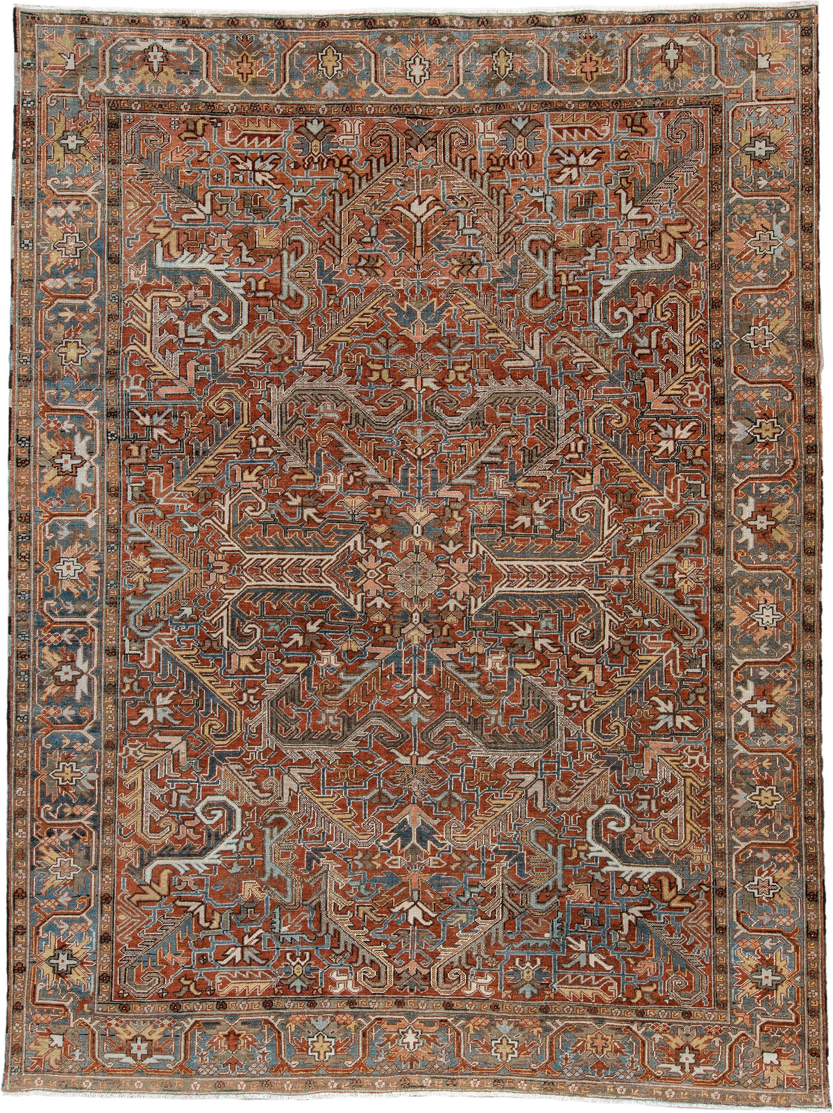 8' x 11' one-of-a-kind handmade antique Heriz large size rug. Color palette: rust, slate blue, ivory, camel, charcoal