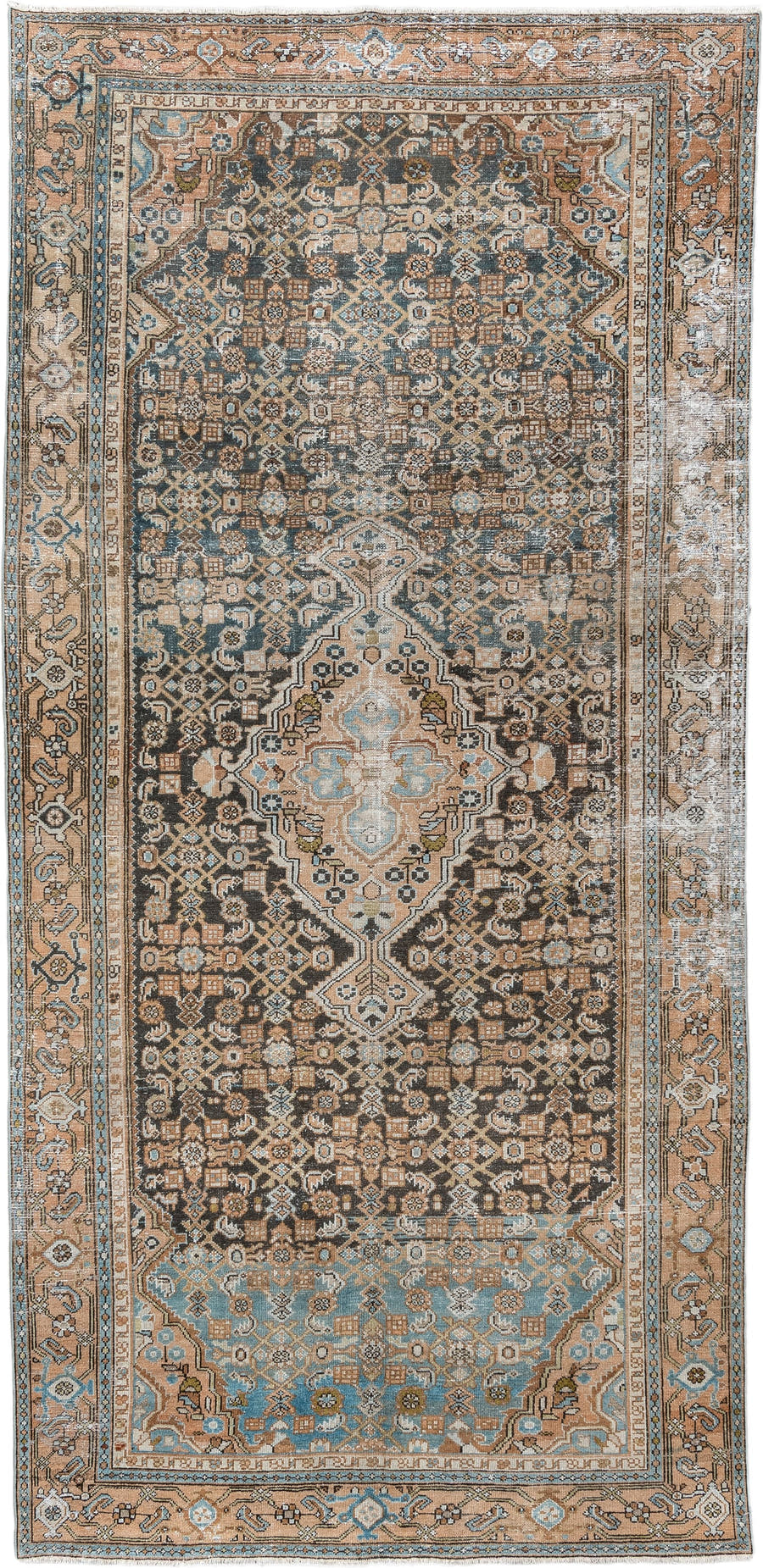 5' x 10' one-of-a-kind handmade antique Malayer runner rug. Color palette: charcoal, camel, ivory, powder blue, taupe, rust