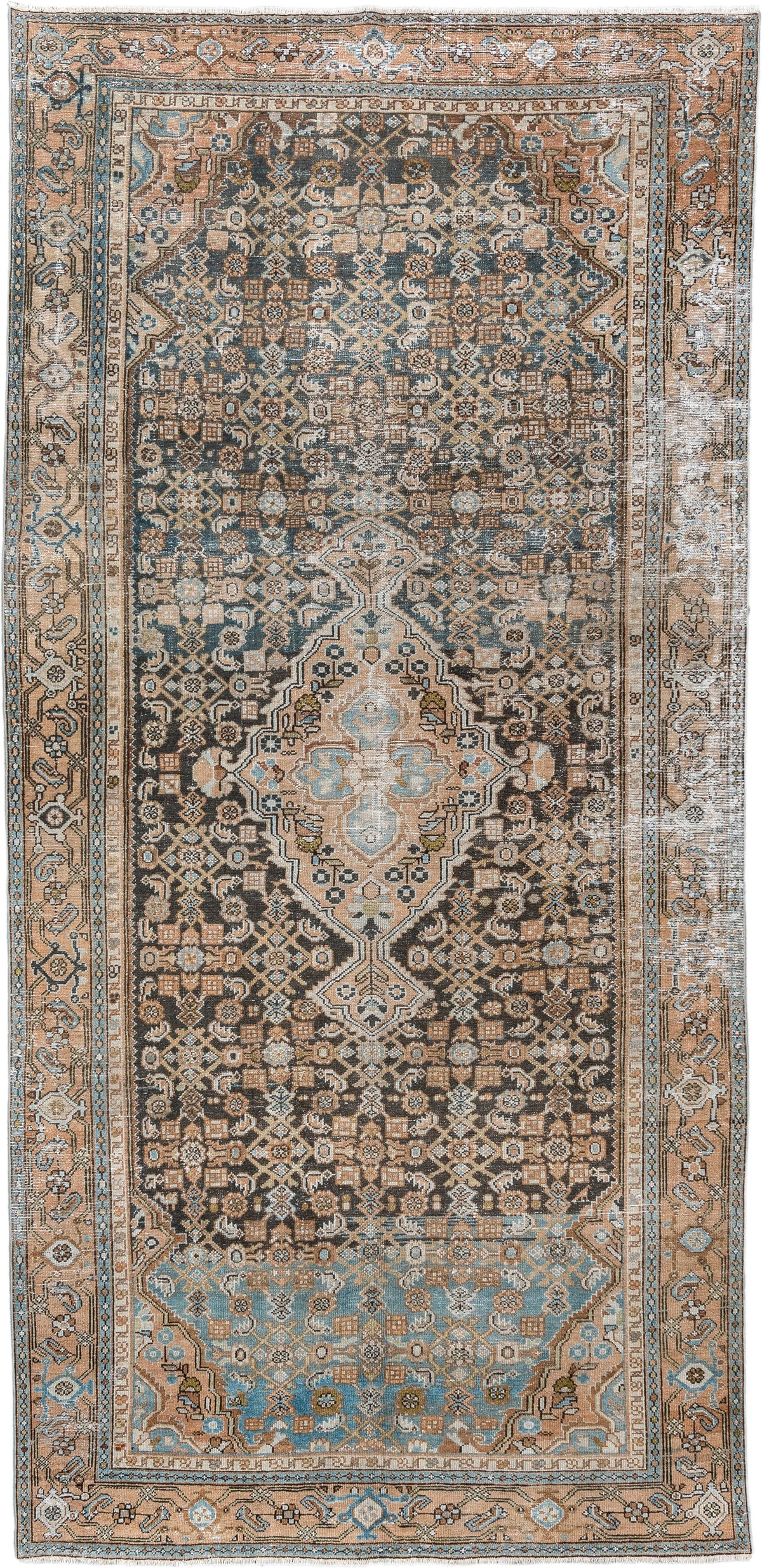 5' x 10' one-of-a-kind handmade antique Malayer runner rug. Color palette: charcoal, camel, ivory, powder blue, taupe, rust