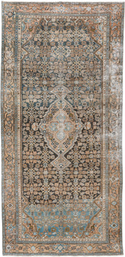 5' x 10' one-of-a-kind handmade antique Malayer runner rug. Color palette: charcoal, camel, ivory, powder blue, taupe, rust