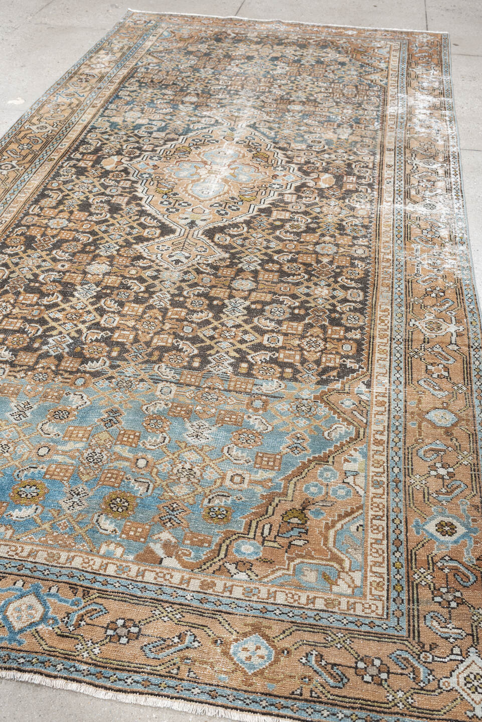 5' x 10' one-of-a-kind handmade antique Malayer runner rug. Color palette: charcoal, camel, ivory, powder blue, taupe, rust