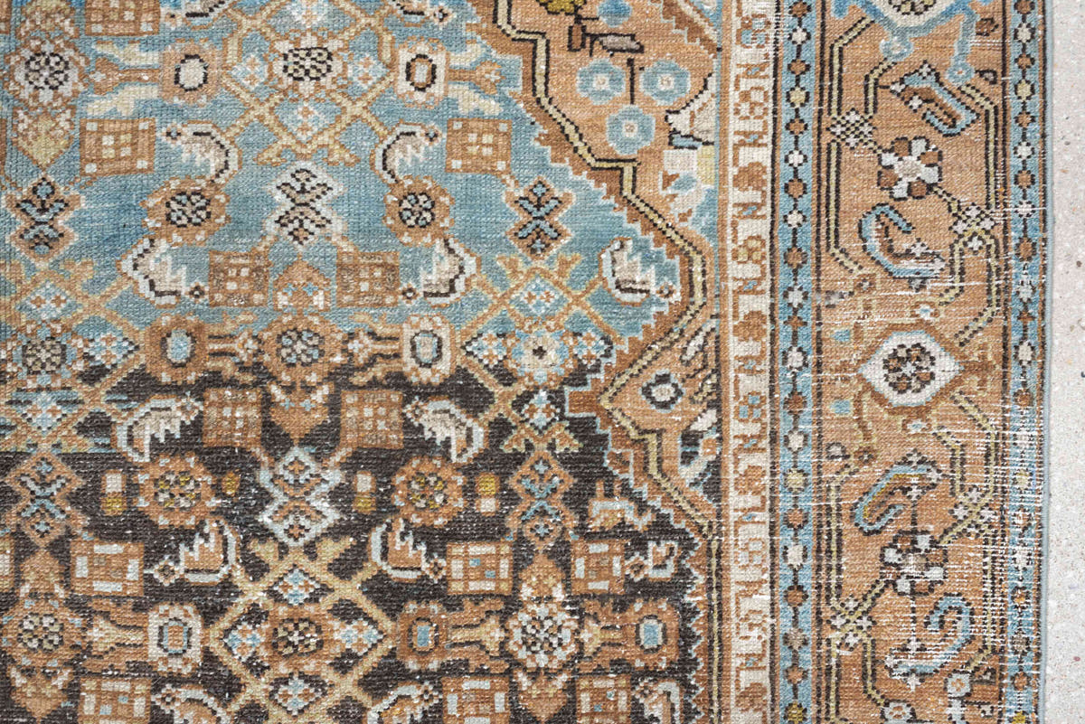 5' x 10' one-of-a-kind handmade antique Malayer runner rug. Color palette: charcoal, camel, ivory, powder blue, taupe, rust