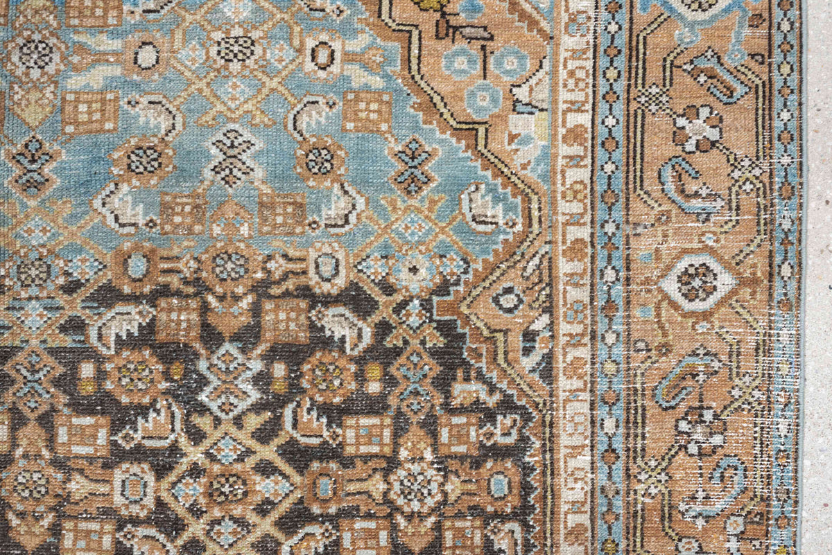 5' x 10' one-of-a-kind handmade antique Malayer runner rug. Color palette: charcoal, camel, ivory, powder blue, taupe, rust
