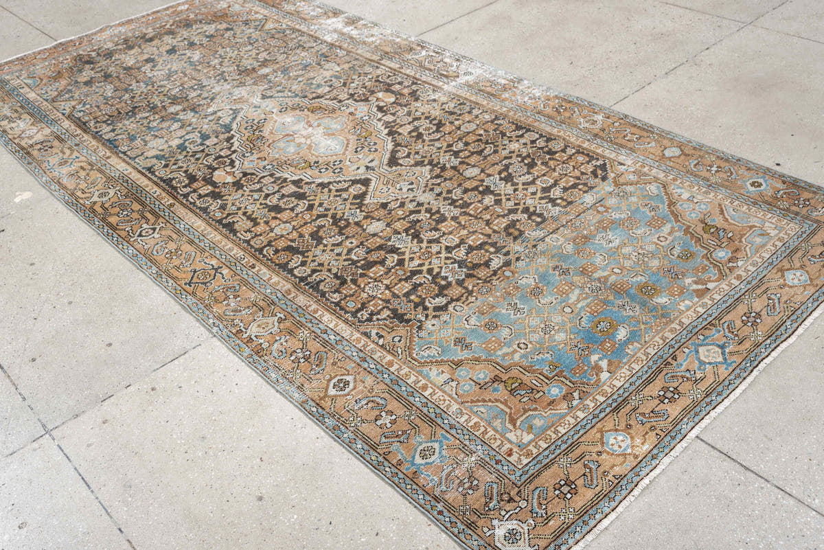 5' x 10' one-of-a-kind handmade antique Malayer runner rug. Color palette: charcoal, camel, ivory, powder blue, taupe, rust