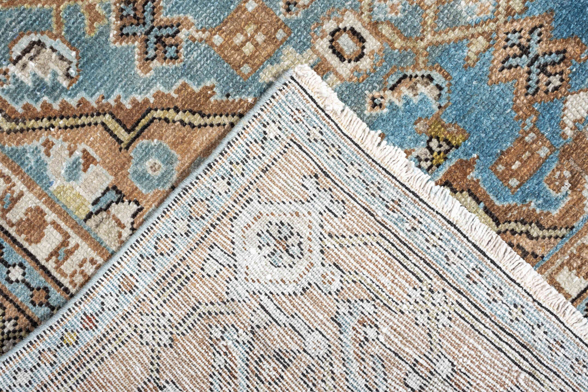 5' x 10' one-of-a-kind handmade antique Malayer runner rug. Color palette: charcoal, camel, ivory, powder blue, taupe, rust