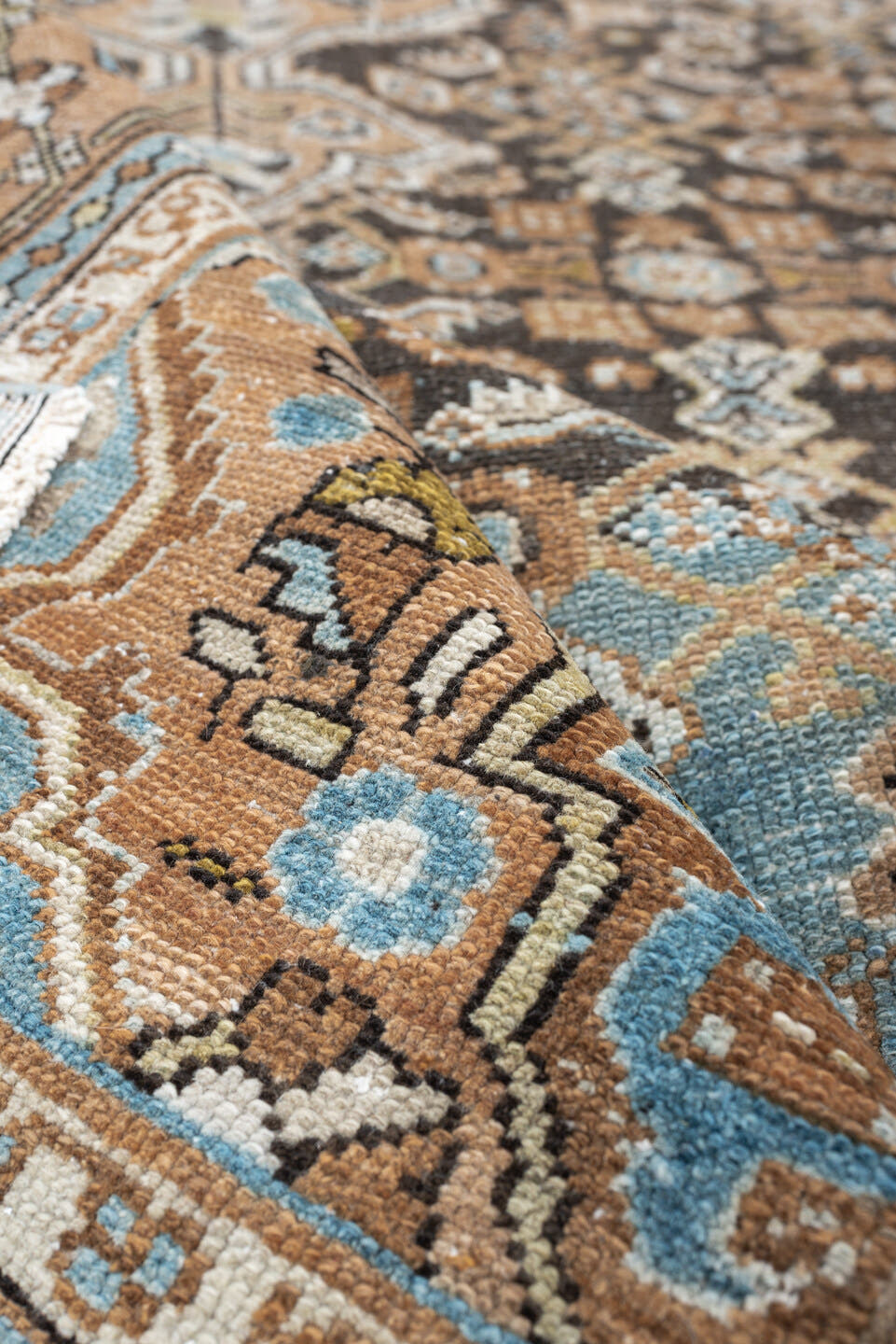 5' x 10' one-of-a-kind handmade antique Malayer runner rug. Color palette: charcoal, camel, ivory, powder blue, taupe, rust