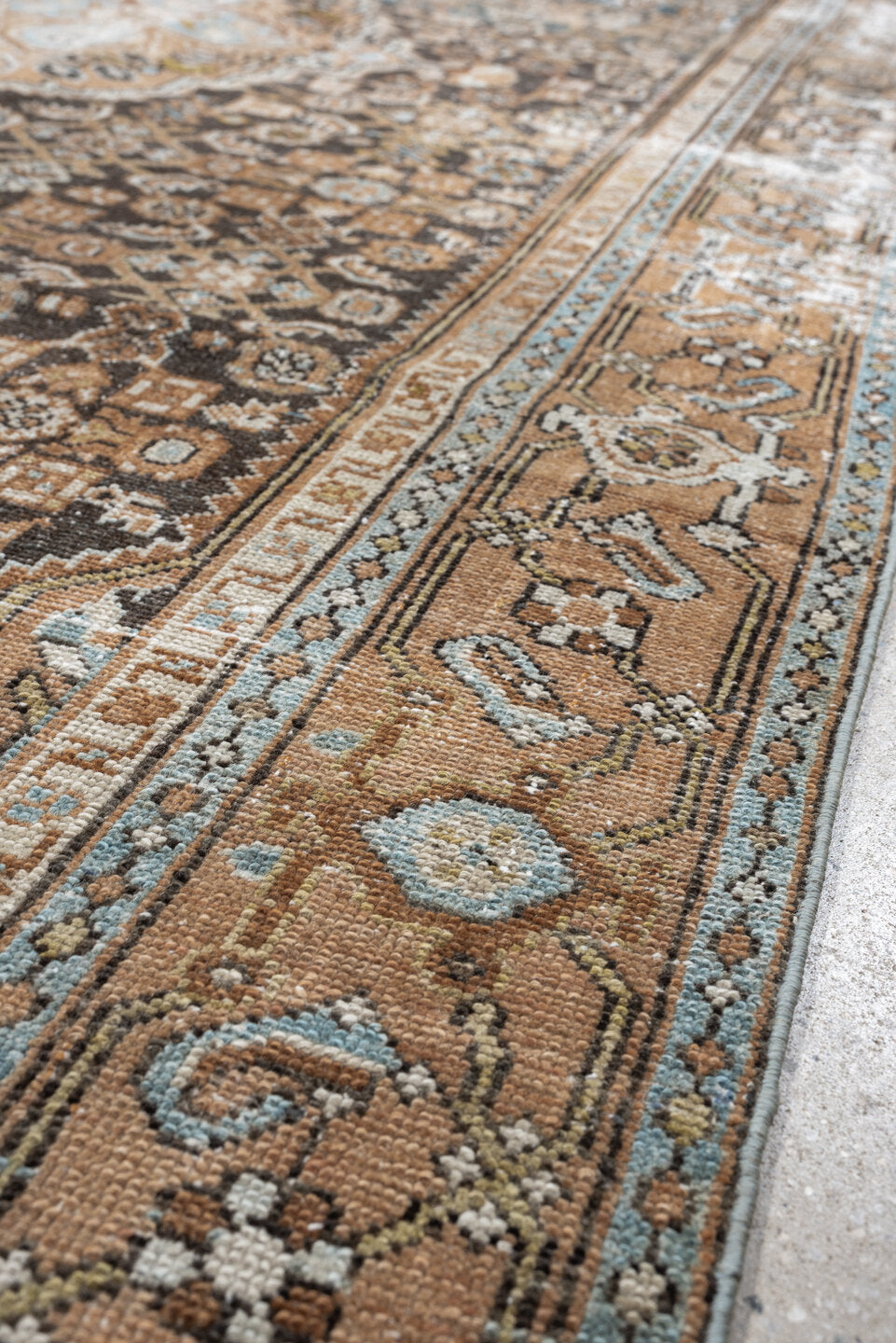 5' x 10' one-of-a-kind handmade antique Malayer runner rug. Color palette: charcoal, camel, ivory, powder blue, taupe, rust
