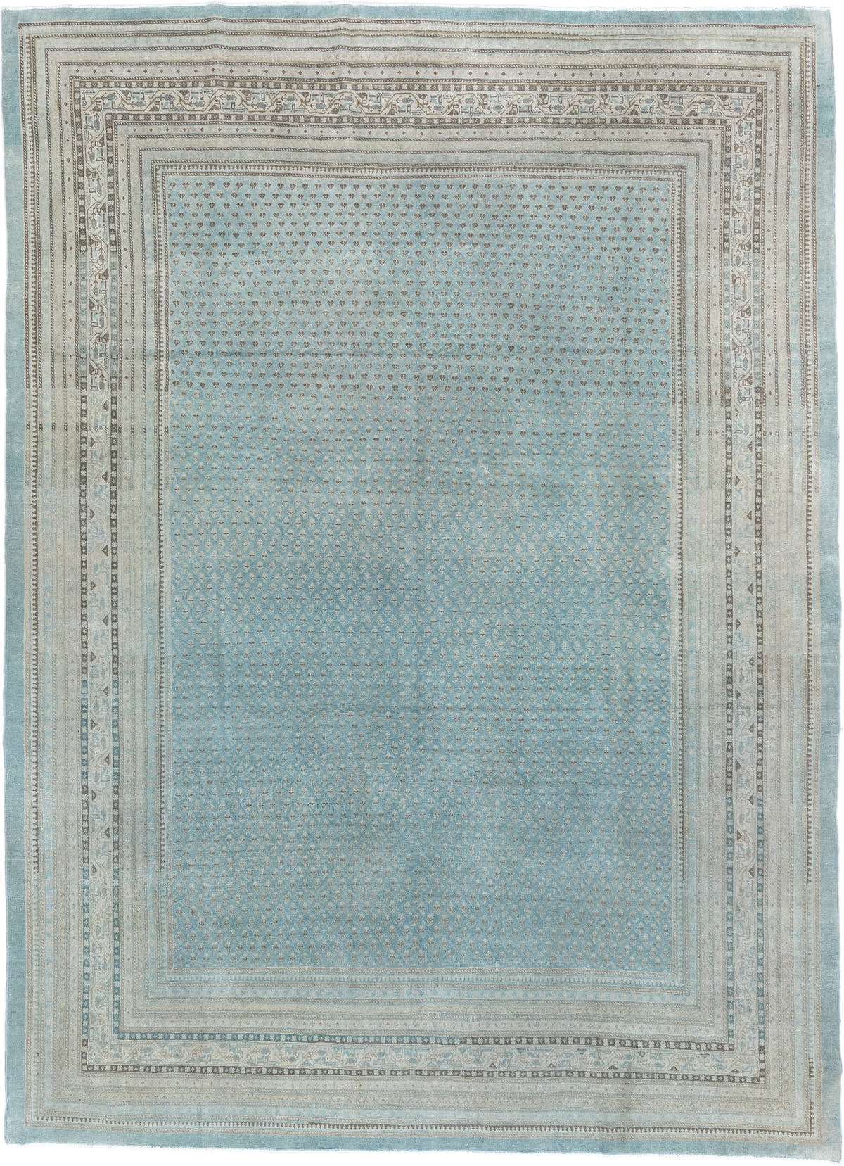 9' x 12' one-of-a-kind handmade antique Mir large size rug. Color palette: powder blue, ivory, slate, charcoal, pale aqua