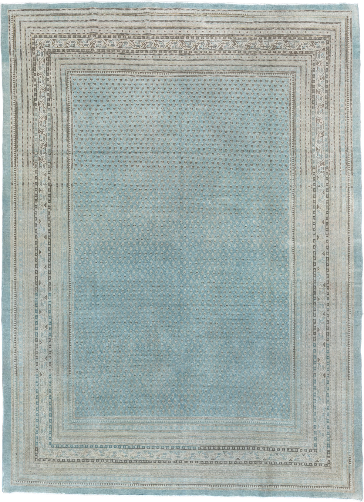 9' x 12' one-of-a-kind handmade antique Mir large size rug. Color palette: powder blue, ivory, slate, charcoal, pale aqua