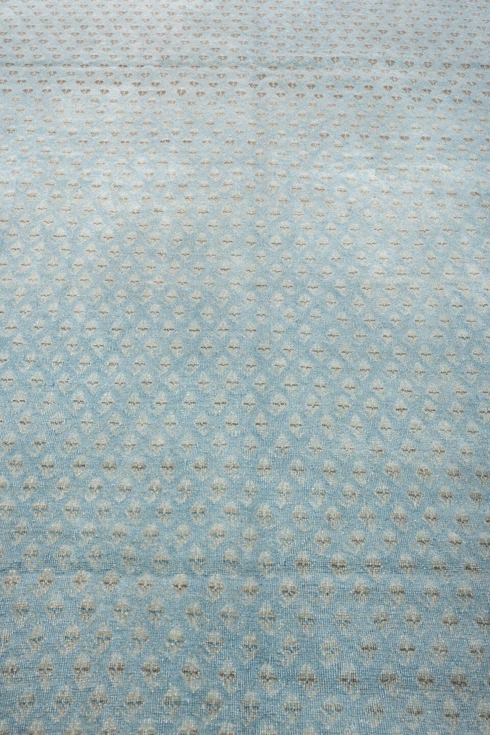 9' x 12' one-of-a-kind handmade antique Mir large size rug. Color palette: powder blue, ivory, slate, charcoal, pale aqua