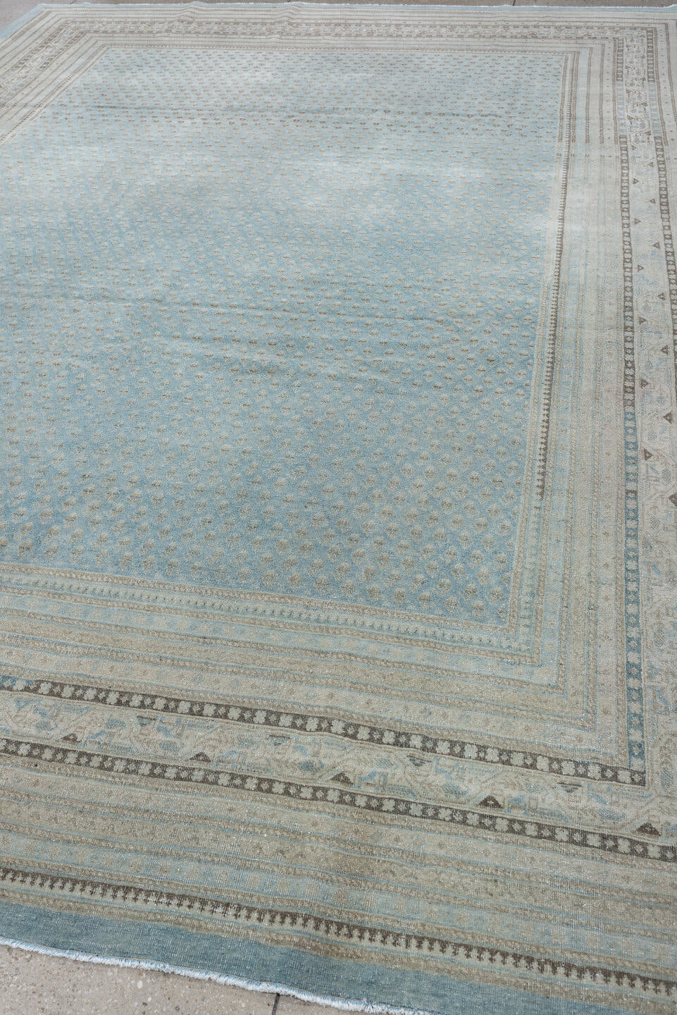 9' x 12' one-of-a-kind handmade antique Mir large size rug. Color palette: powder blue, ivory, slate, charcoal, pale aqua