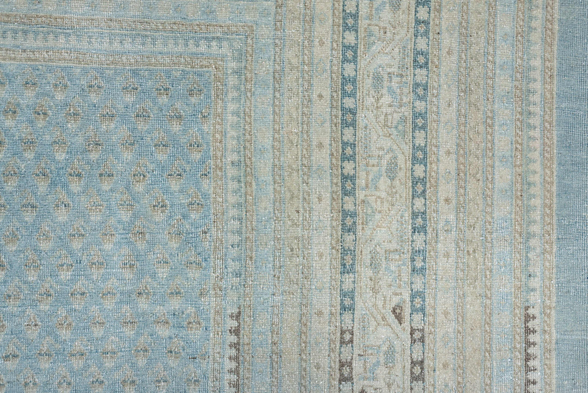 9' x 12' one-of-a-kind handmade antique Mir large size rug. Color palette: powder blue, ivory, slate, charcoal, pale aqua