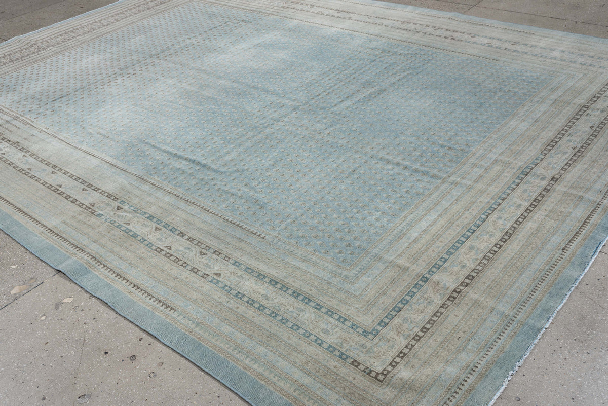 9' x 12' one-of-a-kind handmade antique Mir large size rug. Color palette: powder blue, ivory, slate, charcoal, pale aqua