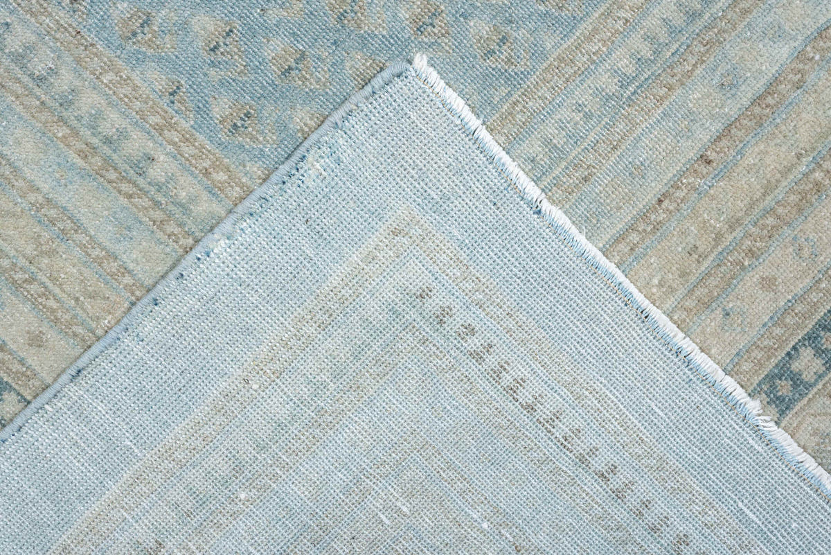 9' x 12' one-of-a-kind handmade antique Mir large size rug. Color palette: powder blue, ivory, slate, charcoal, pale aqua