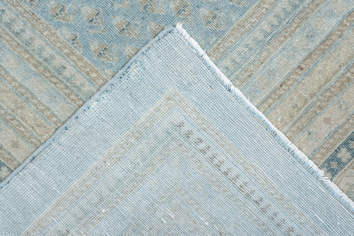 9' x 12' one-of-a-kind handmade antique Mir large size rug. Color palette: powder blue, ivory, slate, charcoal, pale aqua