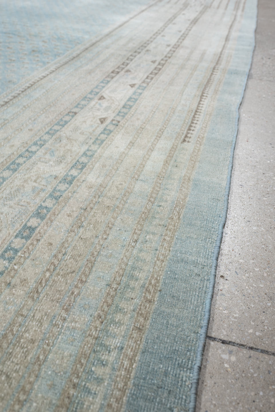 9' x 12' one-of-a-kind handmade antique Mir large size rug. Color palette: powder blue, ivory, slate, charcoal, pale aqua