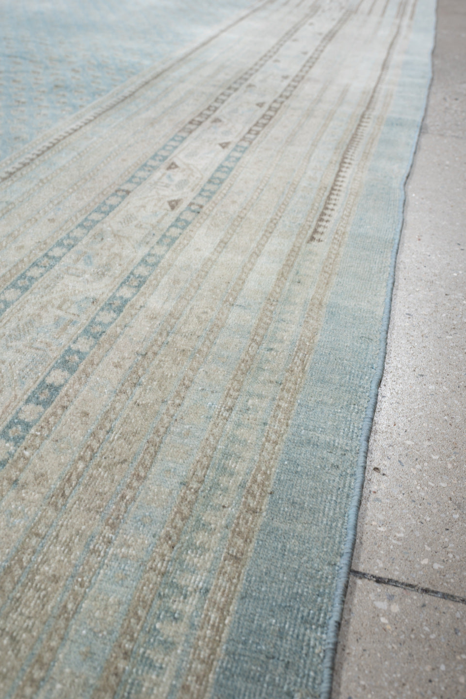 9' x 12' one-of-a-kind handmade antique Mir large size rug. Color palette: powder blue, ivory, slate, charcoal, pale aqua