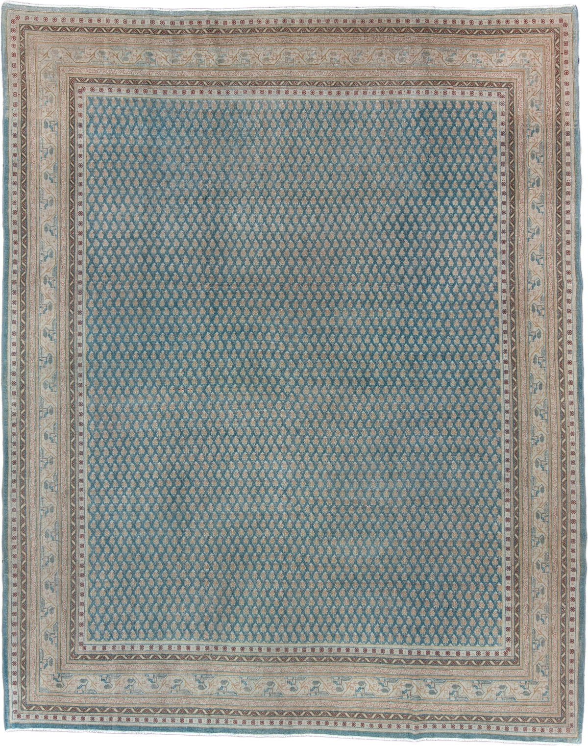 8' x 10' one-of-a-kind handmade antique Mir large size rug. Color palette: blue, ivory, tan, rust, sage, charcoal, cream