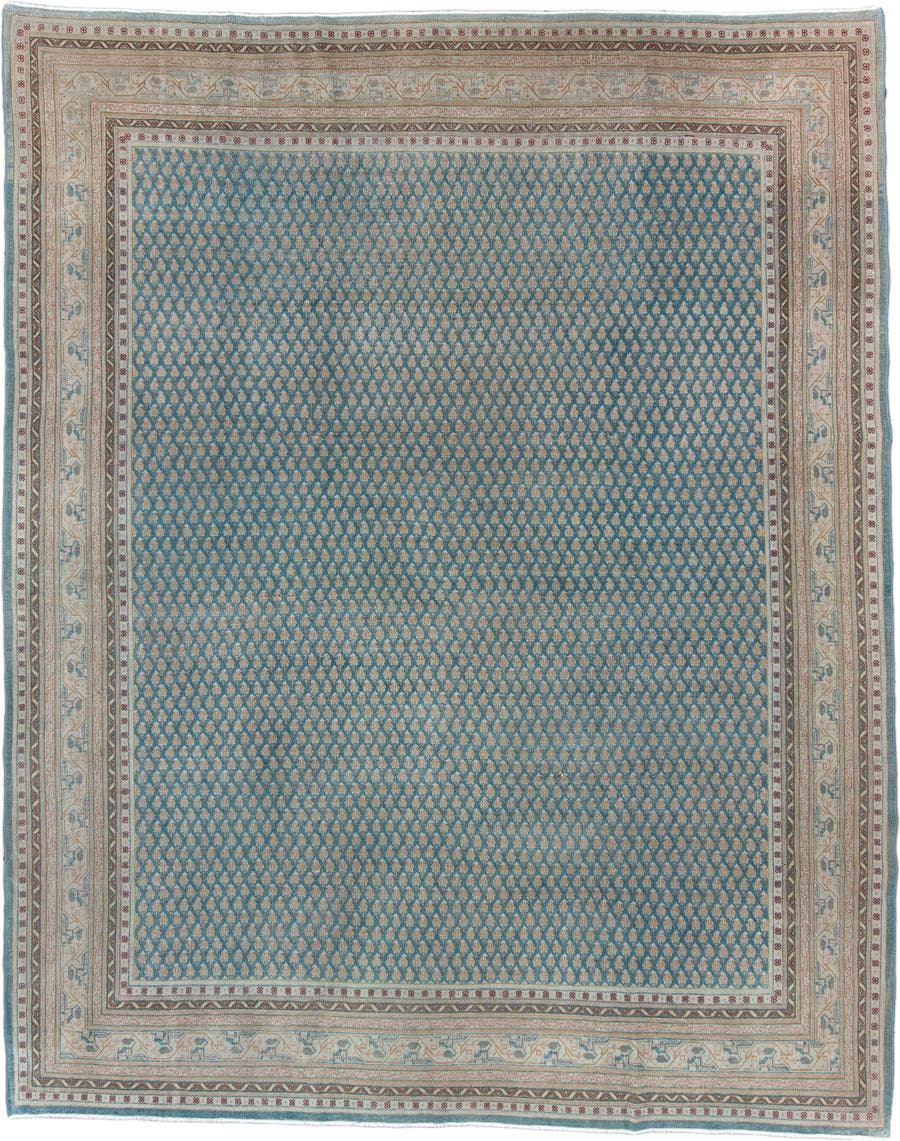 8' x 10' one-of-a-kind handmade antique Mir large size rug. Color palette: blue, ivory, tan, rust, sage, charcoal, cream
