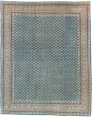 8' x 10' one-of-a-kind handmade antique Mir large size rug. Color palette: blue, ivory, tan, rust, sage, charcoal, cream
