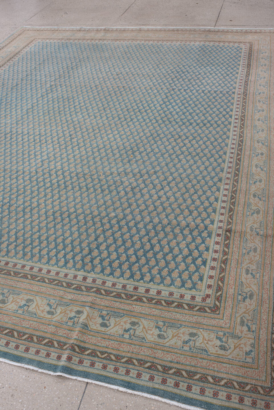 8' x 10' one-of-a-kind handmade antique Mir large size rug. Color palette: blue, ivory, tan, rust, sage, charcoal, cream