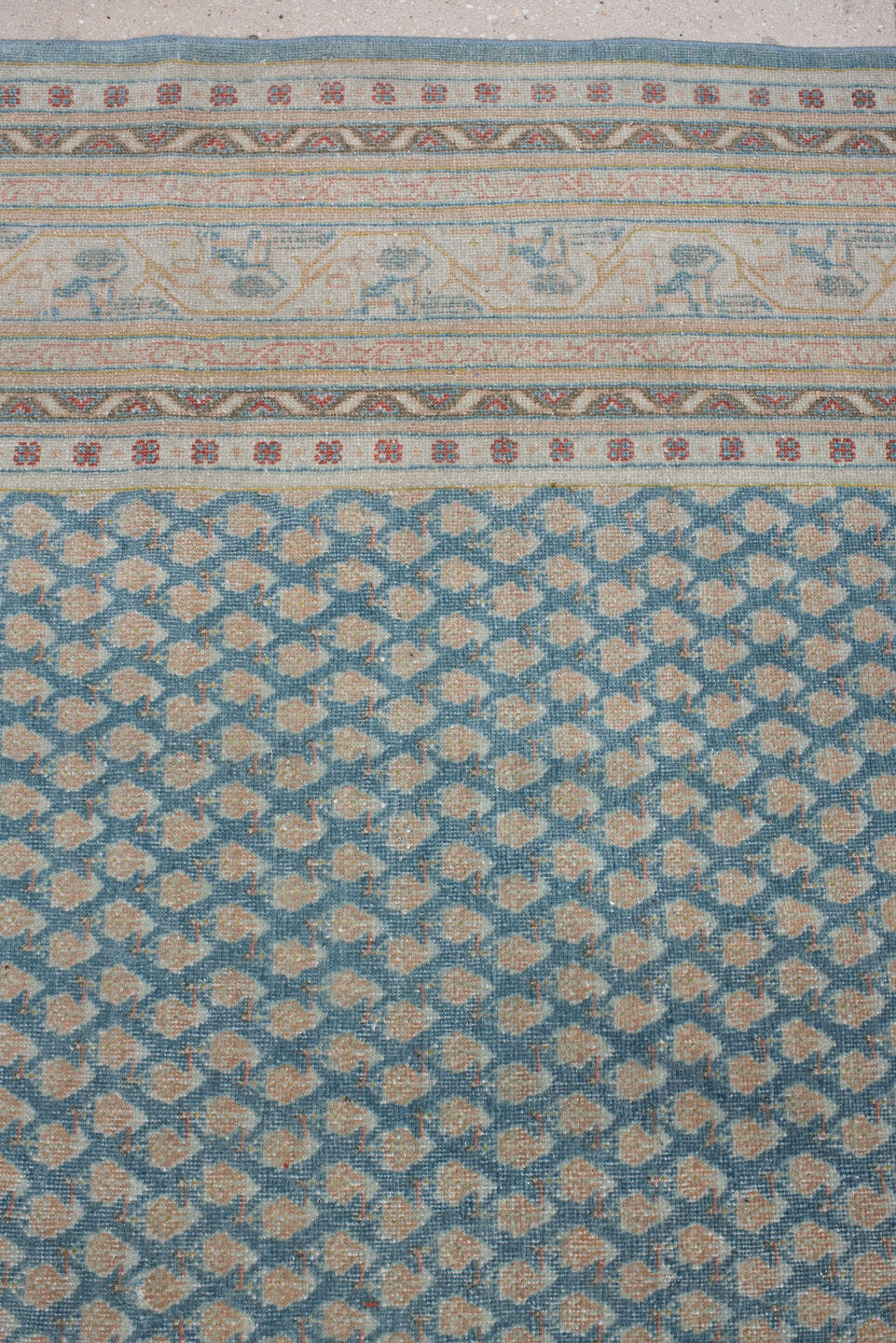 8' x 10' one-of-a-kind handmade antique Mir large size rug. Color palette: blue, ivory, tan, rust, sage, charcoal, cream