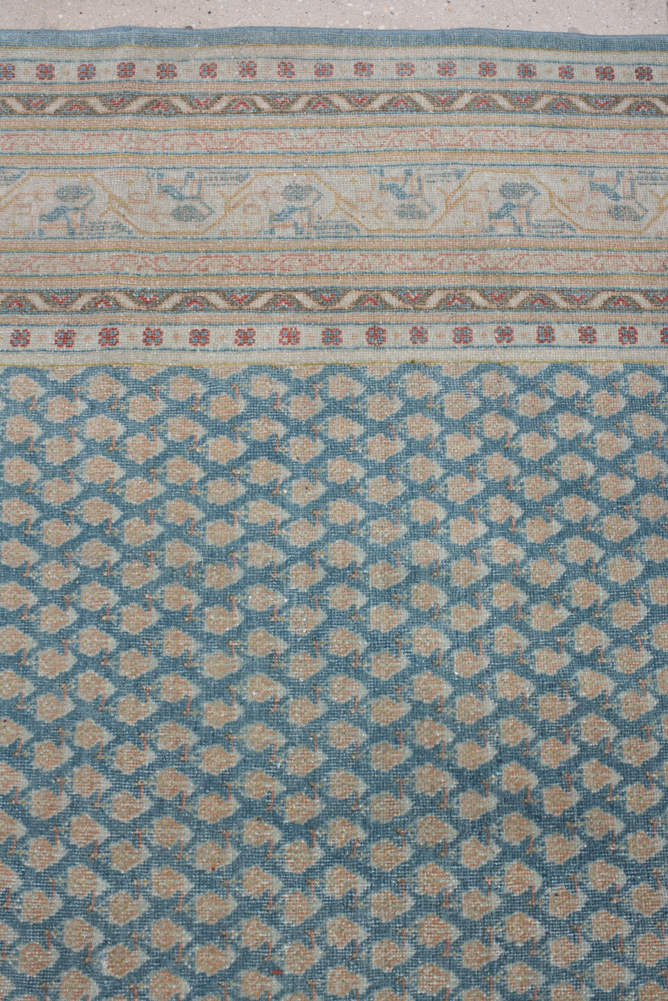 8' x 10' one-of-a-kind handmade antique Mir large size rug. Color palette: blue, ivory, tan, rust, sage, charcoal, cream