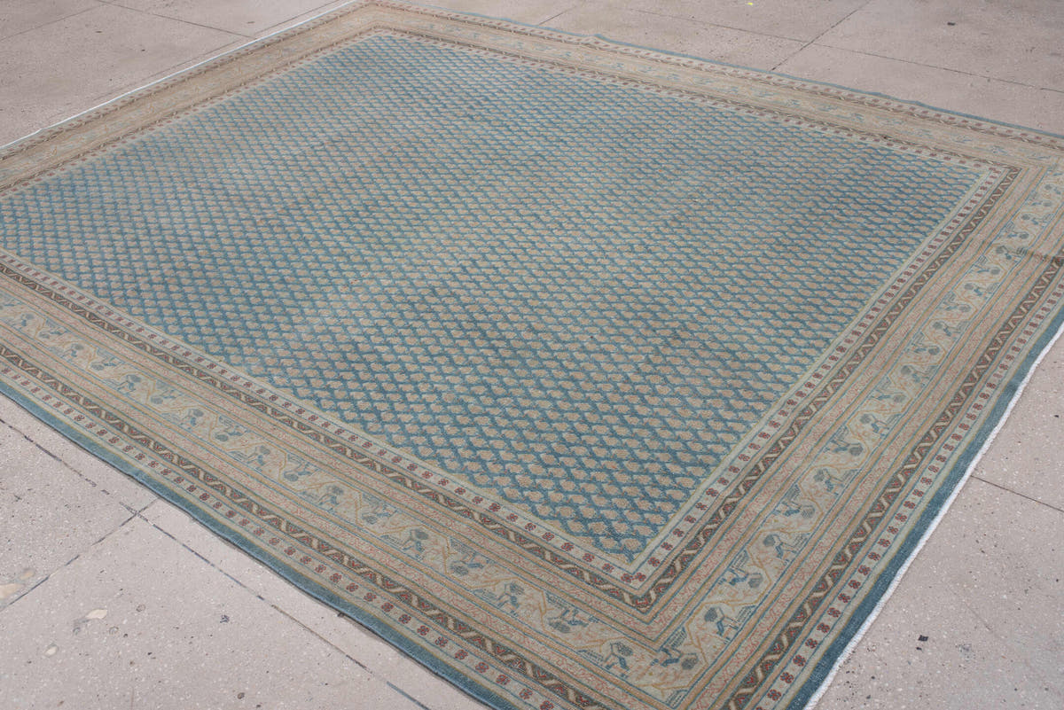 8' x 10' one-of-a-kind handmade antique Mir large size rug. Color palette: blue, ivory, tan, rust, sage, charcoal, cream